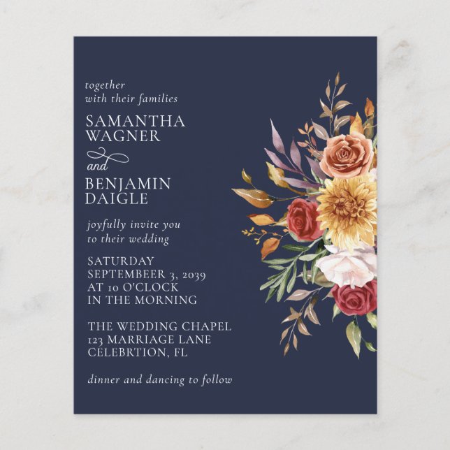 Budget Modern Fall Floral Navy Blue Wedding (Front)