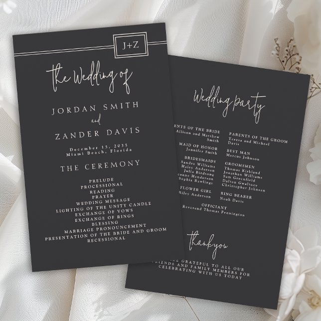Budget Modern Flat Black Monogram Wedding Program (Creator Uploaded)