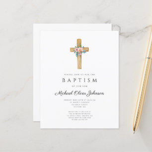 Budget Modern Floral Cross Baptism Invite