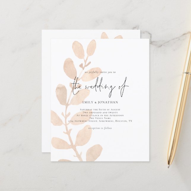Budget Modern Foliage Wedding Invitation (Front/Back In Situ)