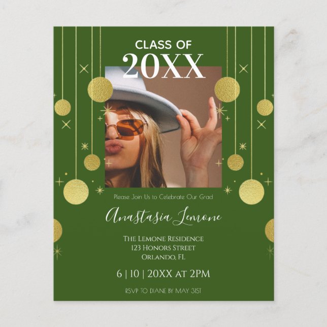 Budget Modern Green & Gold Graduation Invitation (Front)