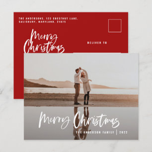 Budget Modern minimal 1 photo red script Christmas Holiday Postcard