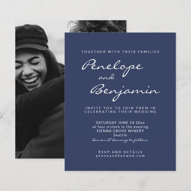 Budget Modern Navy Blue Photo Wedding Invitation (Front/Back)