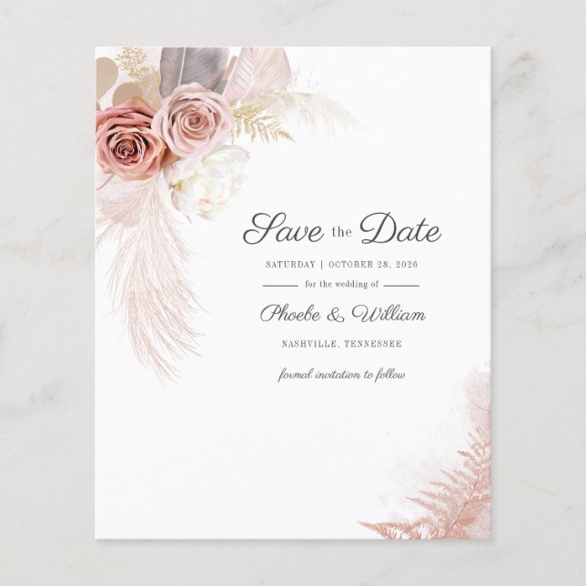 Budget Modern Pampas Grass Floral Save The Date Flyer (Front)