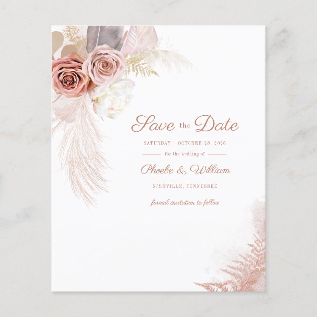 Budget Modern Pampas Grass Floral Save The Date Flyer (Front)