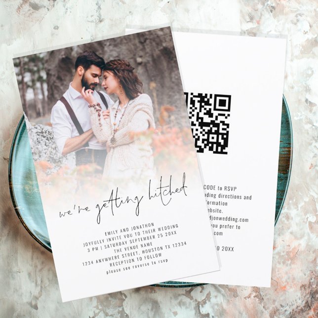 Budget Modern Photo Overlay QR Code Wedding Invite (Front and back view, budget price larger size alternative)