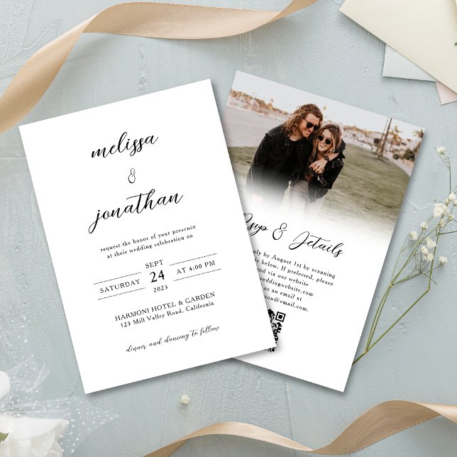 Budget Modern Photo Script Rsvp QR code Wedding Invitation (Creator Uploaded)