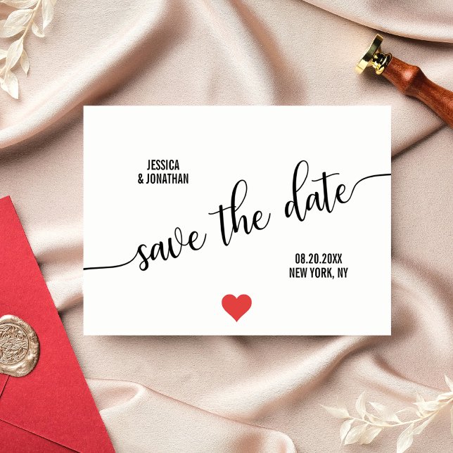 Budget Modern RED Heart Wedding SAVE THE DATE Announcement Postcard (Creator Uploaded)