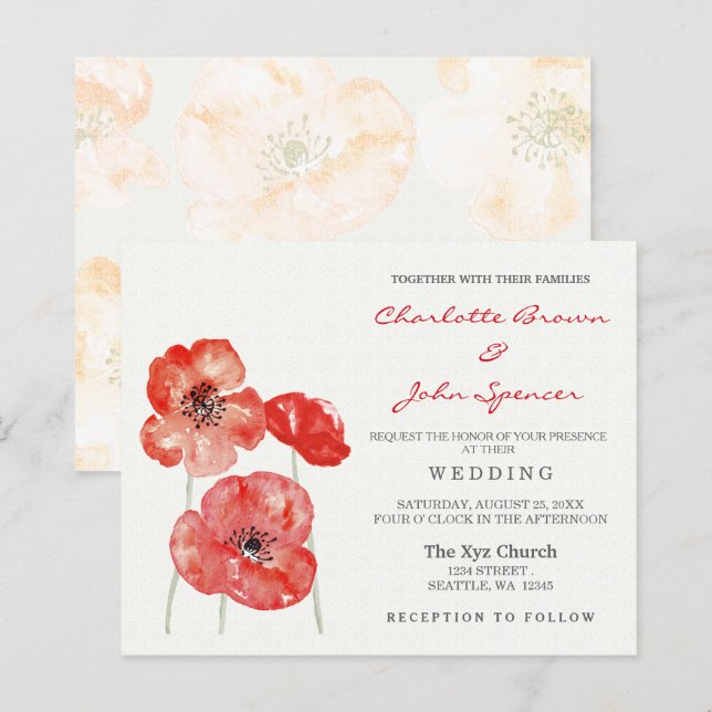 Budget Modern Red Poppy Floral Wedding invitations (Front/Back)