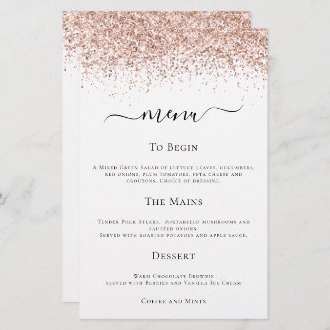 Budget Modern Rose Gold Glitter Wedding Menu (Front/Back)