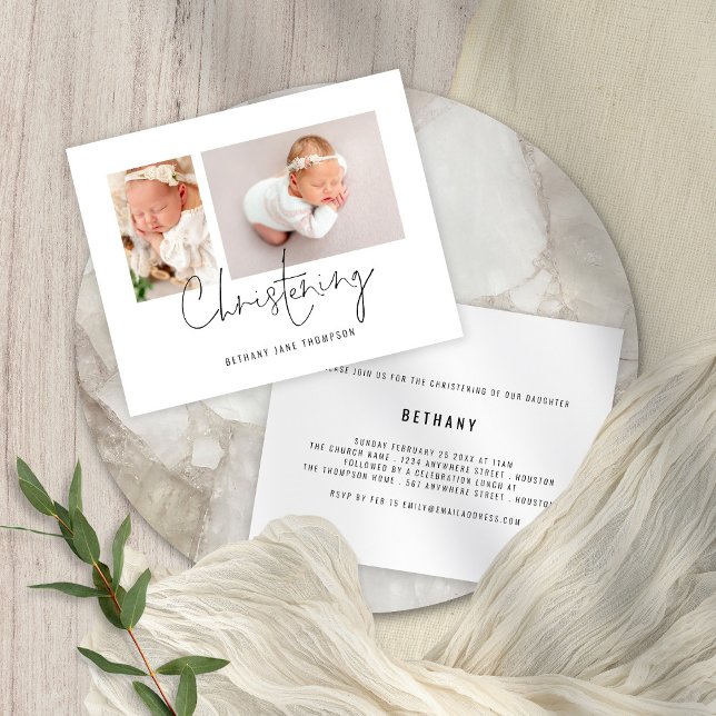 Budget Modern Script 2 Photos Christening Invite (Creator Uploaded)