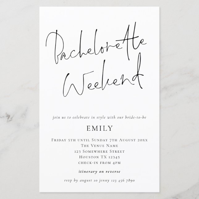 Budget Modern Script Bachelorette Weekend Invite (Front)