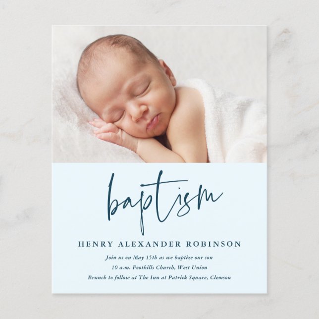 Budget Modern Script Boys Baptism Invitation (Front)