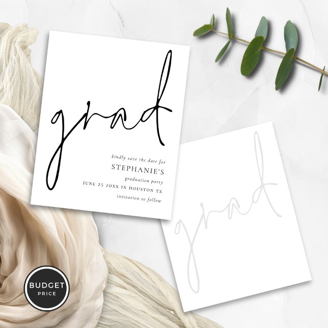 Budget Modern Script Graduation Save the Date (front and back view)