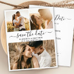 Budget Modern Script Photo Collage Save The Date<br><div class="desc">Budget elegant modern black and white script 3 photo collage wedding save the date announcement personalized affordable low budget flyer. Chic minimalist design template feature three (3) couple photo and elegant cursive hand lettering typography script „Save the Date” text in black on white background colour. ***PLEASE NOTE! *** BUDGET PAPER/FLYER...</div>