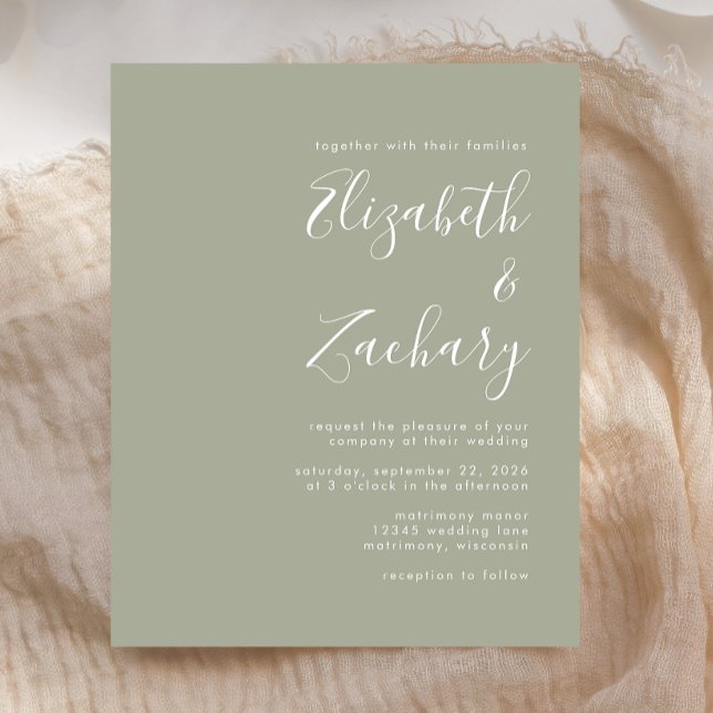 Budget Modern Script Sage Green Wedding Invitation (Creator Uploaded)