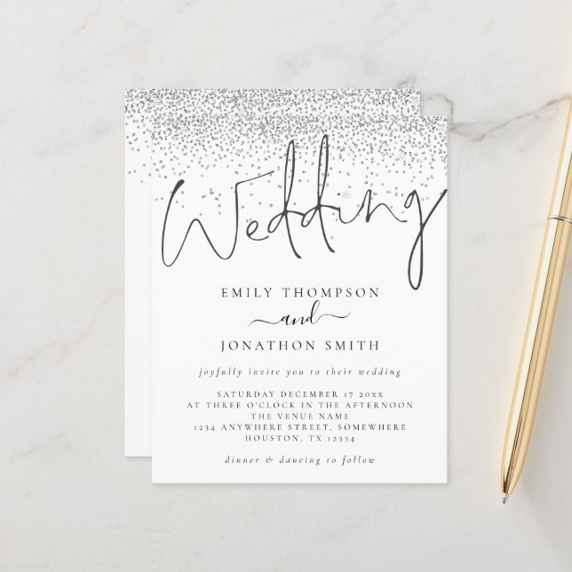 Budget Modern Script Silver Glitter Wedding Invite (Front/Back In Situ)