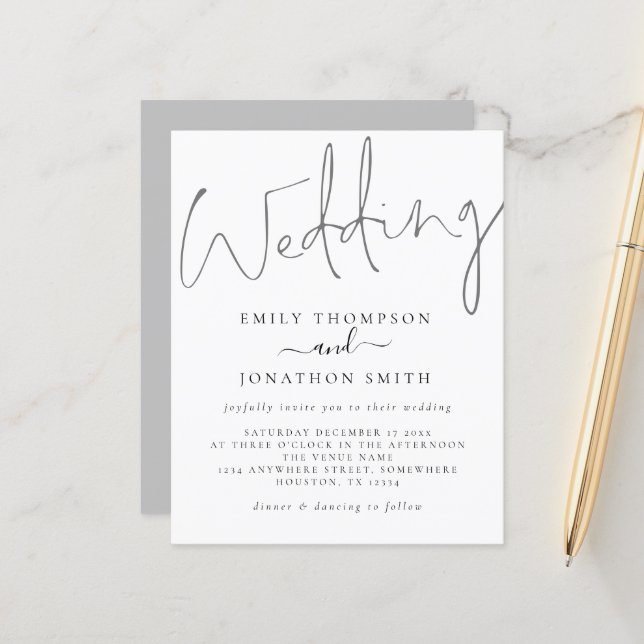 Budget Modern Script White Grey Wedding Invitation (Front/Back In Situ)