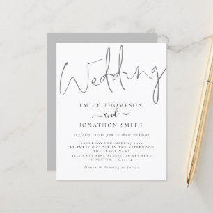 Budget Modern Script White Grey Wedding Invitation