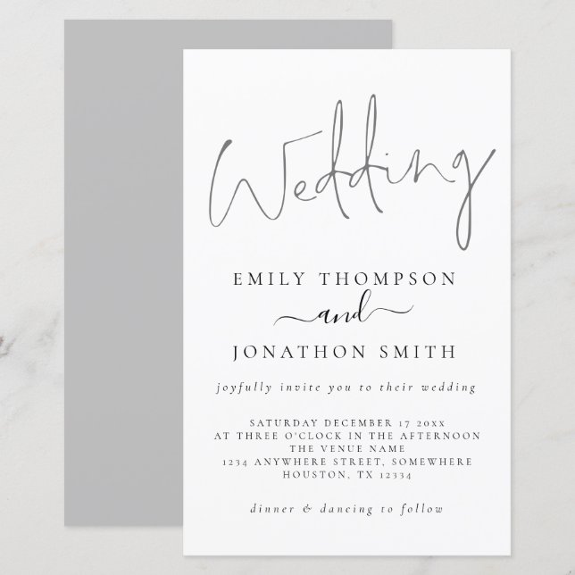 Budget Modern Script White Grey Wedding Invitation (Front/Back)