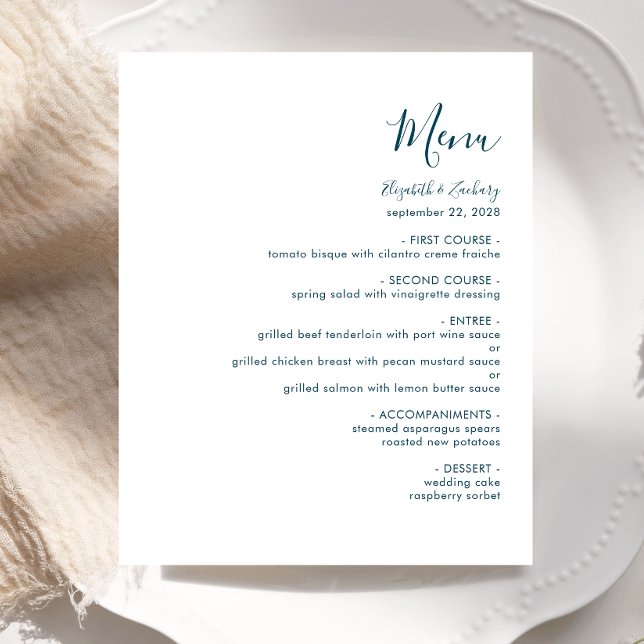 Budget Modern Teal Blue Script Wedding Menu (Creator Uploaded)
