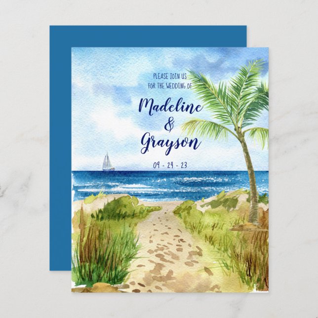 BUDGET Modern Watercolor Beach QR Code Invitation (Front/Back)