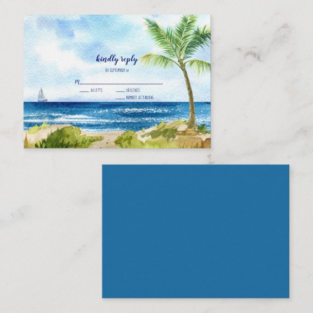 BUDGET Modern Watercolor Beach Wedding RSVP Card (Front/Back)