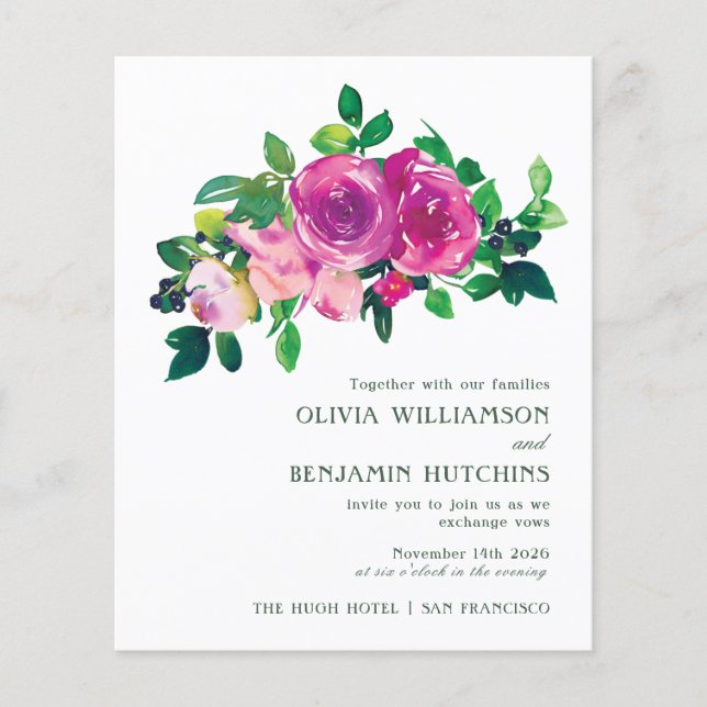 Budget Modern Watercolor Magenta Floral Wedding (Front)