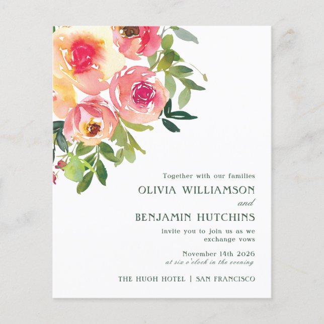 Budget Modern Watercolor Red Pink Floral Wedding (Front)