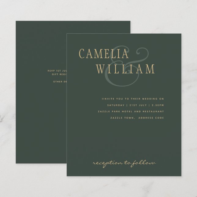 BUDGET Modern Wedding Moss Green Gold Invitation (Front/Back)
