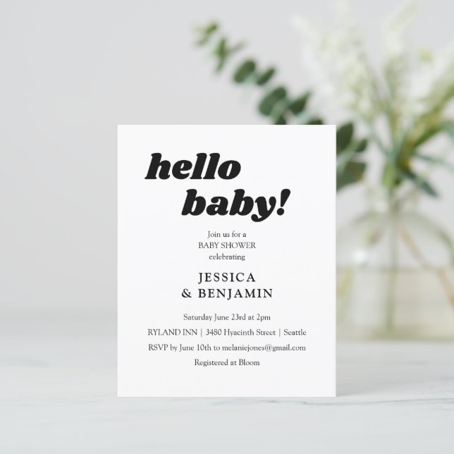 Budget Modern White Hello Cute Baby Shower Invite (Standing Front)