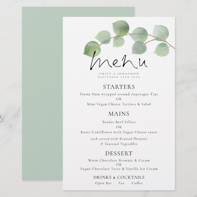 Budget Moderne Aquarelle Eucalyptus Menu Mariage (Devant / Derrière)