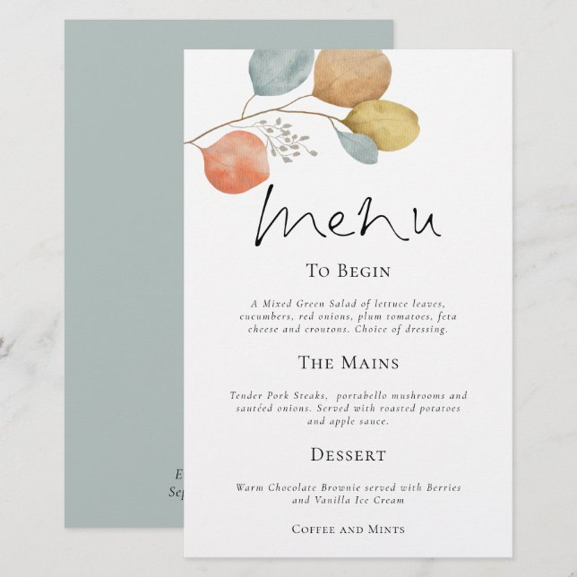 Budget Moderne Aquarelle Feuille Menu Mariage (Devant / Derrière)