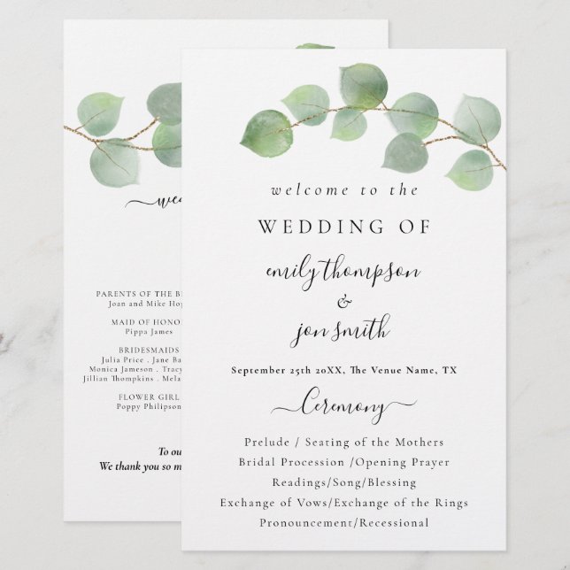 Budget Moderne Eucalyptus Script Wedding Programme (Devant / Derrière)