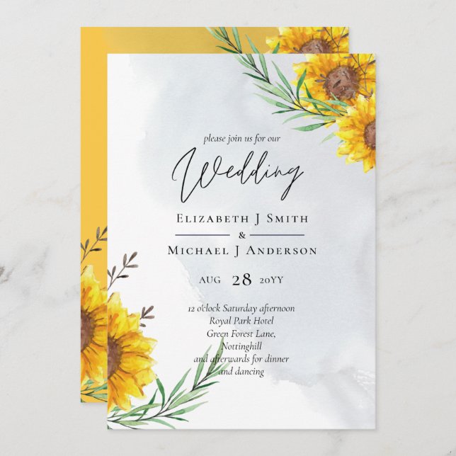 BUDGET Moderne Tournesol Jaune Mariage Invitation (Devant / Derrière)
