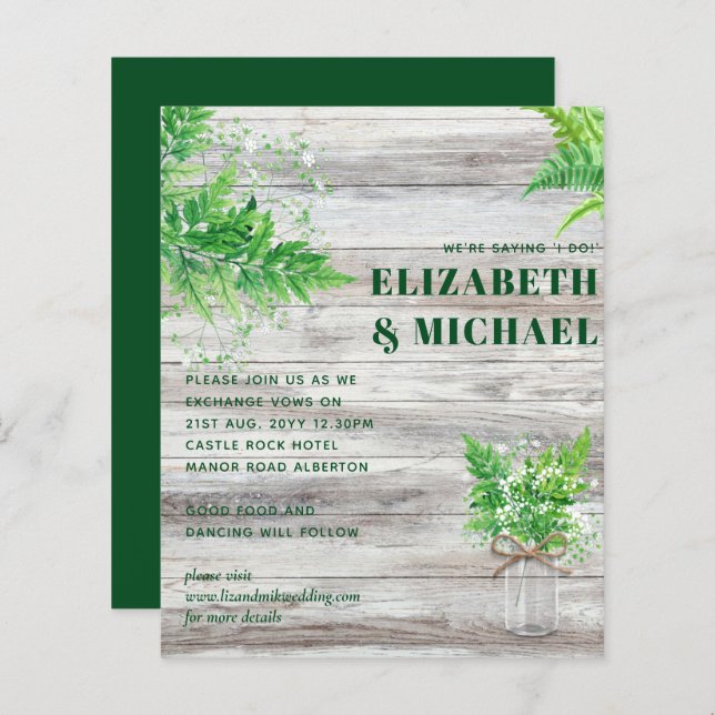 BUDGET Monochromatic Fern Greenery Wedding Invite (Front/Back)