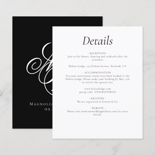 Budget Monogram Black Wedding Details Enclosure (Front/Back)
