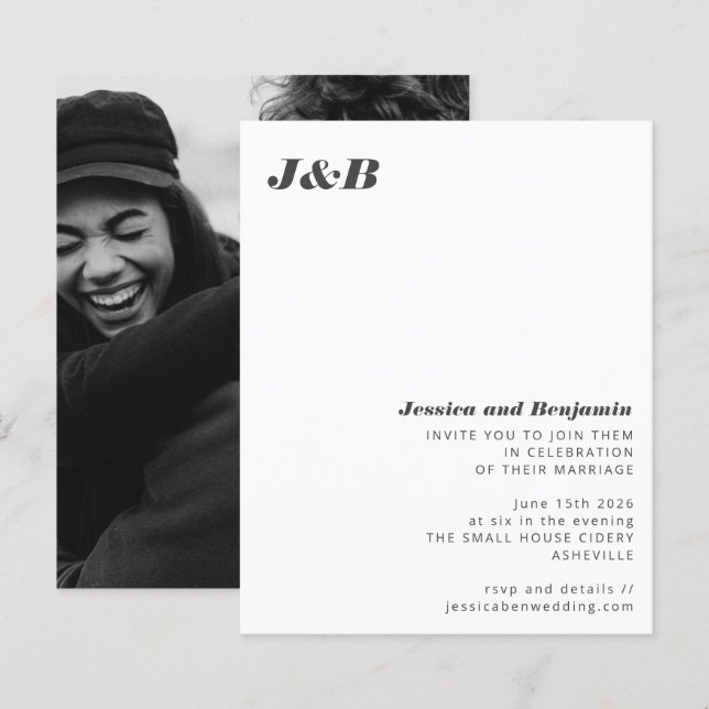 Budget Monogram Black White Photo Wedding Invite (Front/Back)
