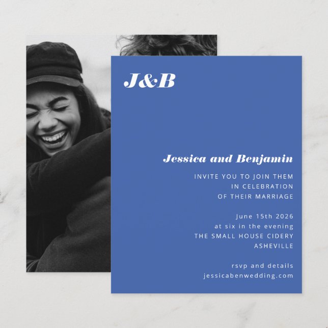 Budget Monogram Blue Photo Wedding Invitation (Front/Back)