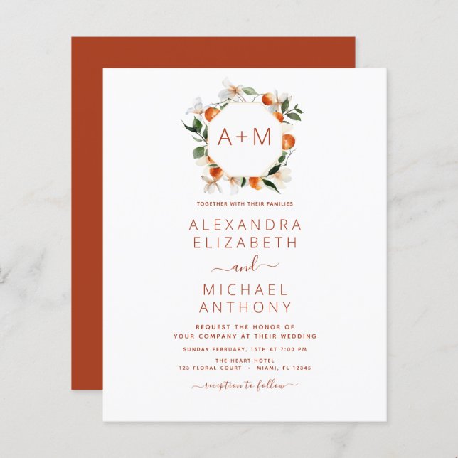 Budget Monogram Burnt Orange Citrus Fruit Wedding (Front/Back)