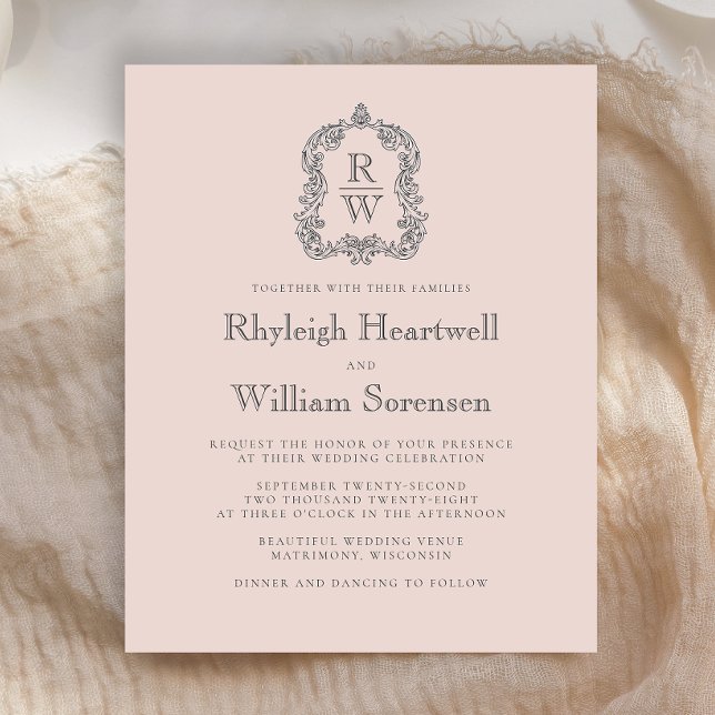 Budget Monogram Crest Blush Pink Wedding Invite (Creator Uploaded)