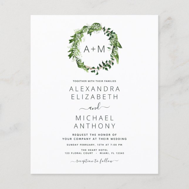 Budget Monogram Emerald Green Greenery Wedding Flyer (Front)