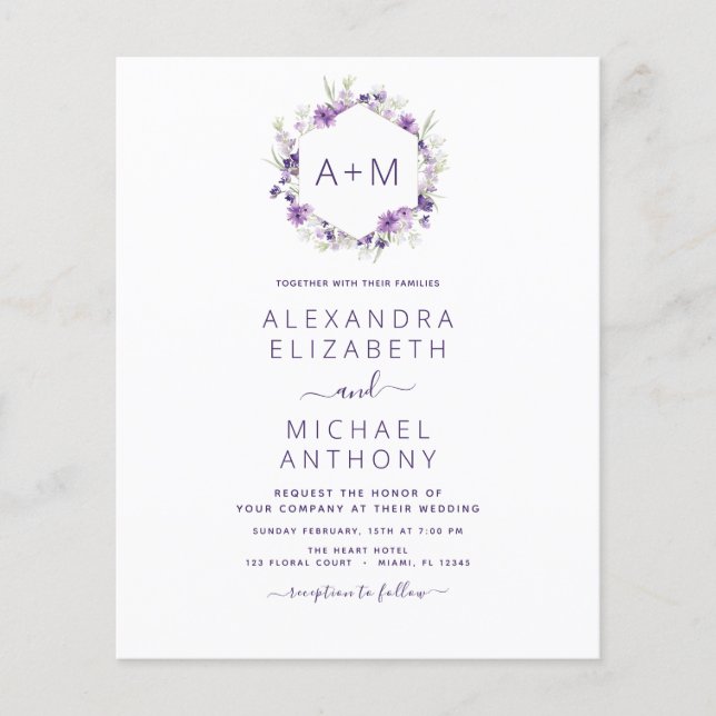 Budget Monogram Floral Dusty Purple Wedding Flyer (Front)