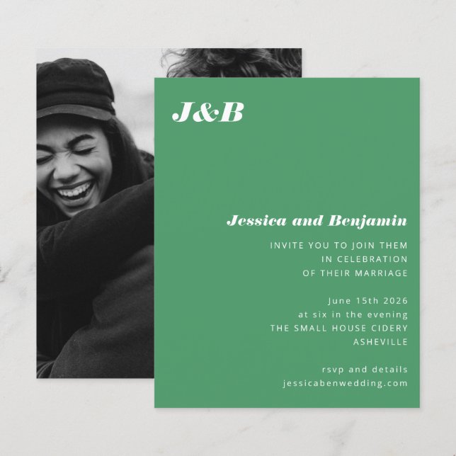 Budget Monogram Green Photo Wedding Invitation (Front/Back)