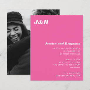 Budget Monogram Hot Pink Photo Wedding Invitation