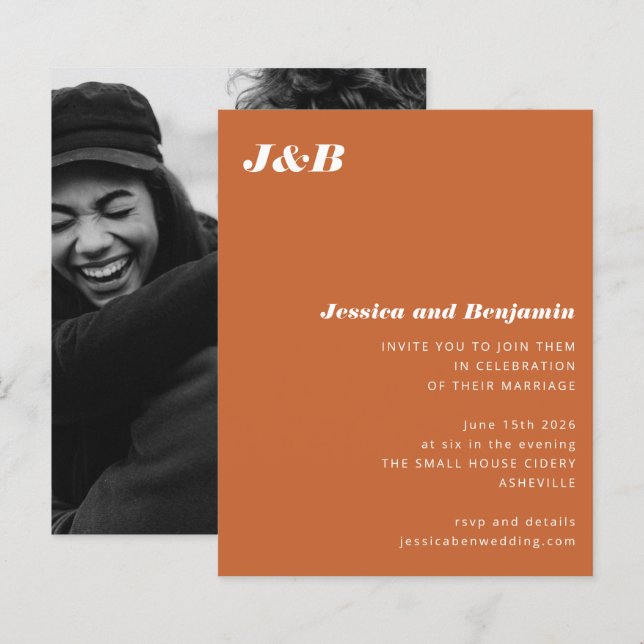 Budget Monogram Orange Photo Wedding Invitation (Front/Back)