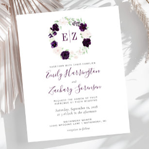 Budget Monogram Purple Blush Floral Wedding Invite