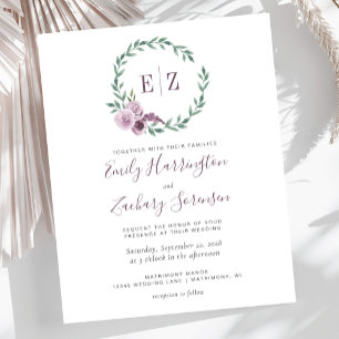 Budget Monogram Purple Floral Wedding Invitation