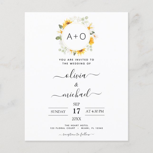 Budget Monogram Sunflower Eucalyptus Wedding Flyer (Front)