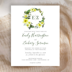 Budget Monogram Yellow Floral Wedding Invite